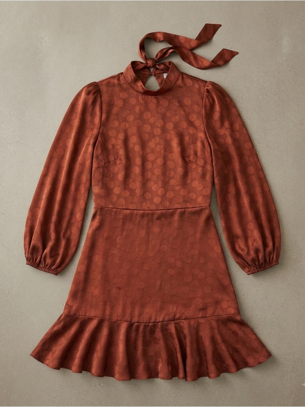 Tie-Neck Rust Mini Dress with Puff Sleeves